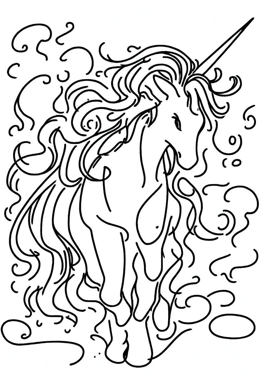 different unicorns surrounded by clouds, coloring page for kids, line art, no color, white background
