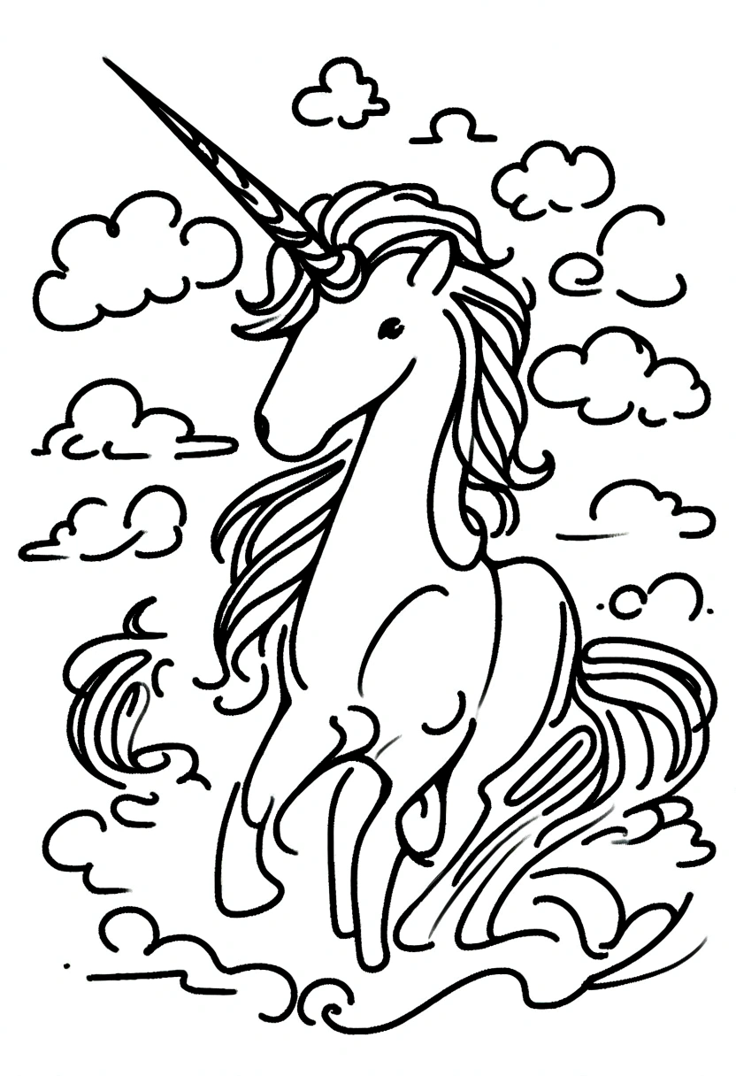 different unicorns surrounded by clouds, coloring page for kids, line art, no color, white background
