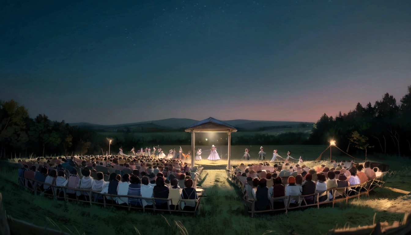 Create an image where a master teaches hundreds of students from a low grassy hill under beautiful moonlight in the countryside without buildings. The students are wearing 1960s outfits. The moon is full.