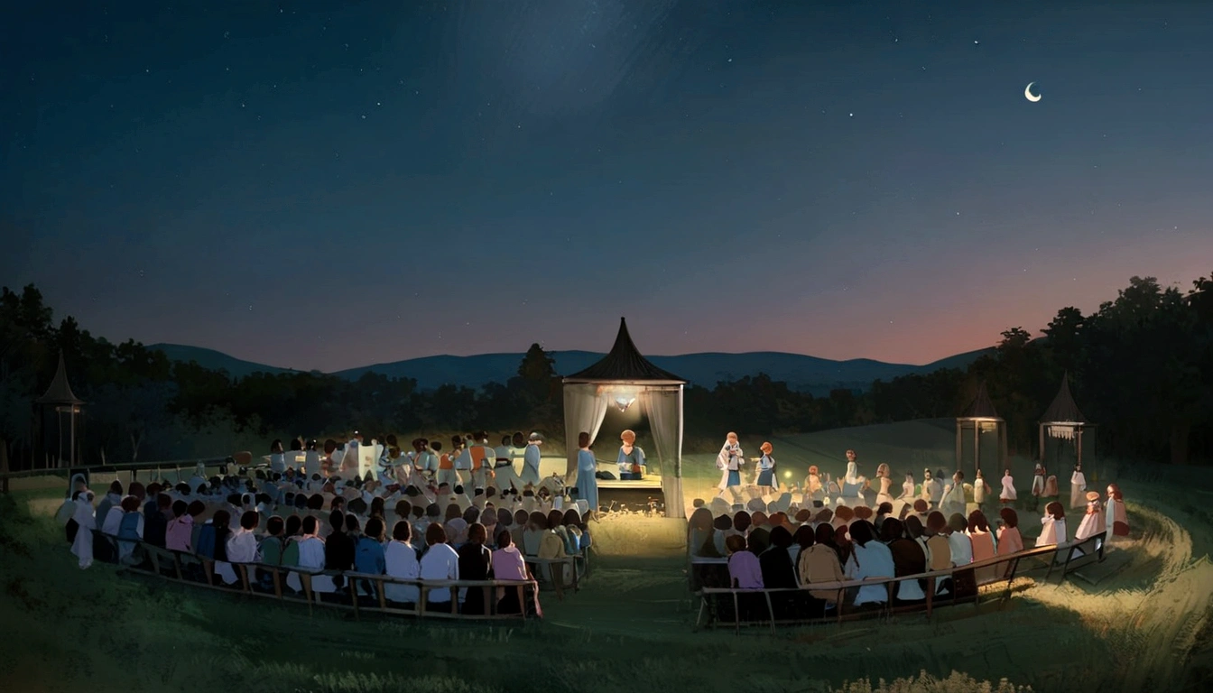Create an image where a master teaches hundreds of students from a low grassy hill under beautiful moonlight in the countryside without buildings. The students are wearing 1960s outfits. The moon is full.