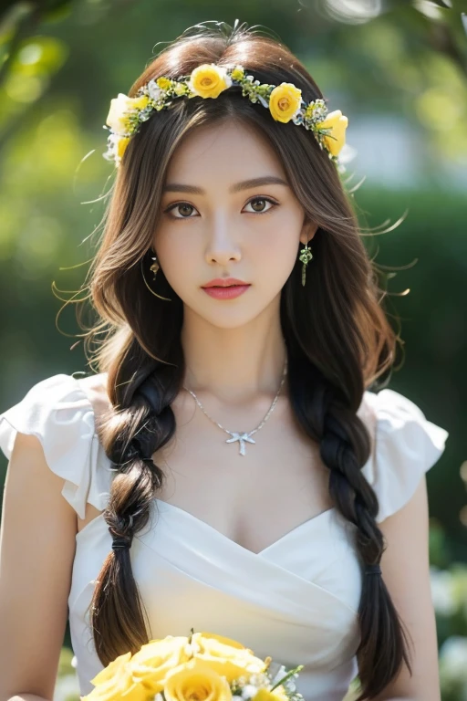 masterpiece, high quality best quality,close up,1girl, bouquet, braid, breasts, brown_eyes, christmas_tree,daisy, depth_of_field, dress, earrings, flower, focused, hair_ornament, head_wreath, holding, holding_bouquet, jewelry, lens_flare, lips, long_hair, looking_at_viewer, medium_breasts, motion_blur, necklace, photo_\(medium\), rose, upper_body, white_flower, yellow_flower, yellow_rose
