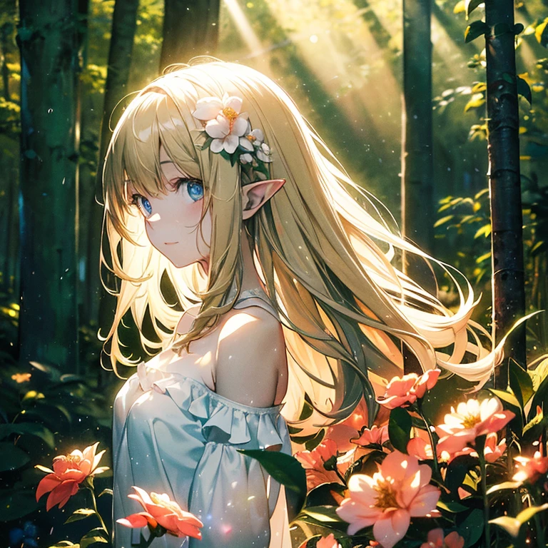 (8k), (masterpiece), (best quality), (super details), (award winning), (game illustration), (greeting face), lens flare, glowing light, woman in a noble dress standing in the woods with flower, modeling shoot, beautiful girl, elf girl, (beautiful face:0.8), slender blonde girl, pale skin curly blond hair, (off shoulder), (small breast), (light rain in background)