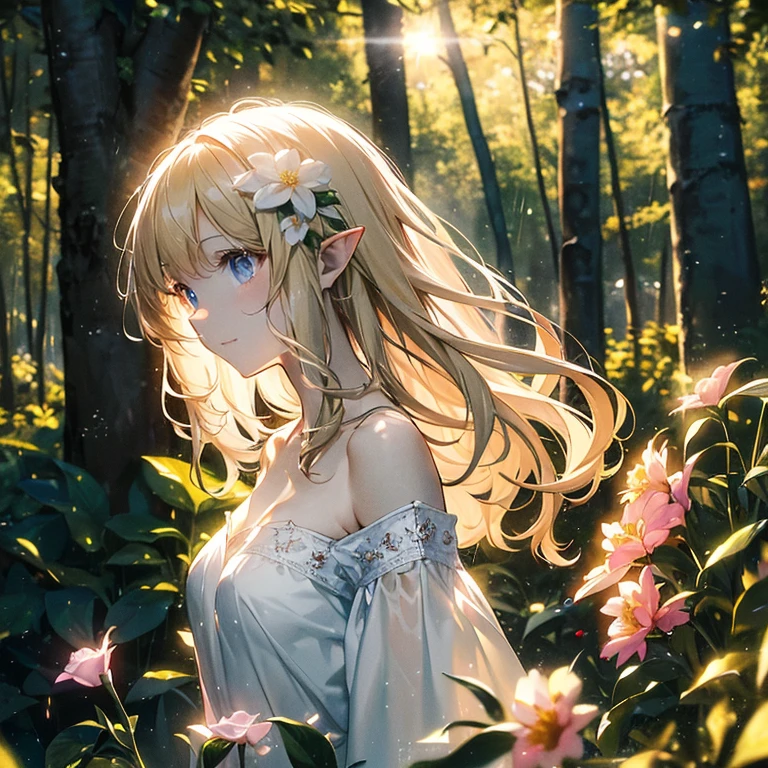 (8k), (masterpiece), (best quality), (super details), (award winning), (game illustration), (greeting face), lens flare, glowing light, woman in a noble dress standing in the woods with flower, modeling shoot, beautiful girl, elf girl, (beautiful face:0.8), slender blonde girl, pale skin curly blond hair, (off shoulder), (small breast), (light rain in background)