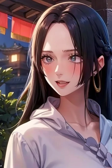 Masterpiece, best, night, full moon, 1 female, mature woman, Chinese style, ancient China, elder sister, royal sister, smile, dark brown hair, dark hair, princess cut, braid, curly hair, double ball head, pale pink Lips, calm, intellectual, medium hair, green pupils, hairpin, hydrangea, delicate face, face close-up, hand close-up