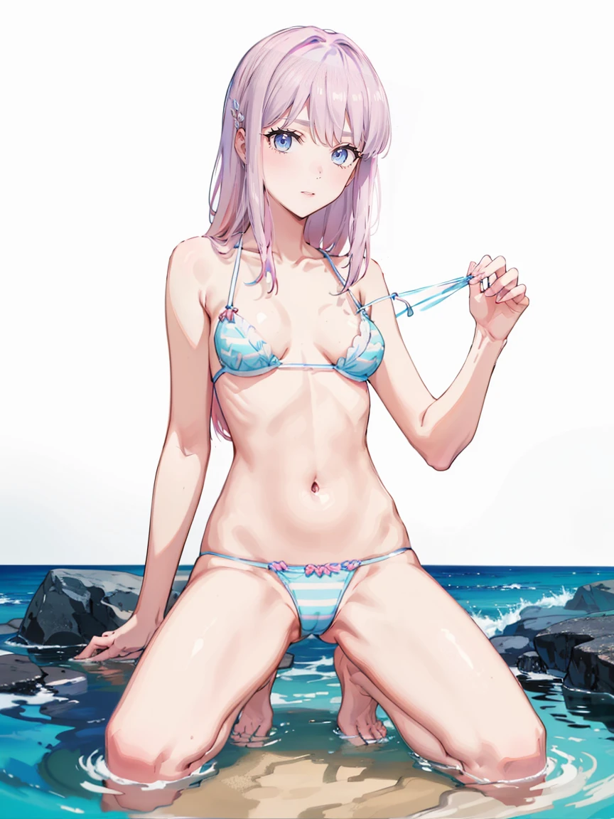 from below:1.3,Focus on the groin、((masterpiece, highest quality:1.3)),cowboy shot,20 year old beauty,solo,((very small head)),((long body)),pink hair,long hair,pink eyes,bangs,white headphone,medium breasts,slender body,skinny,shiny skin,oily skin,sweat,wet,shy、Love juice、sitting,spread legs、Blue and white striped bikini、bra、panties、navel、beach、Ocean、sunny、