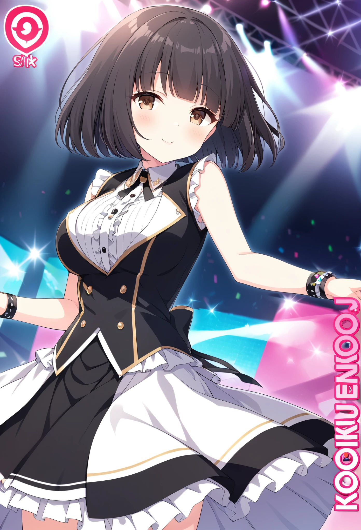 enjojikogiku, bowl cut hair, black hair, short hair, brown eyes,, large breasts,, Live Stage, solo,