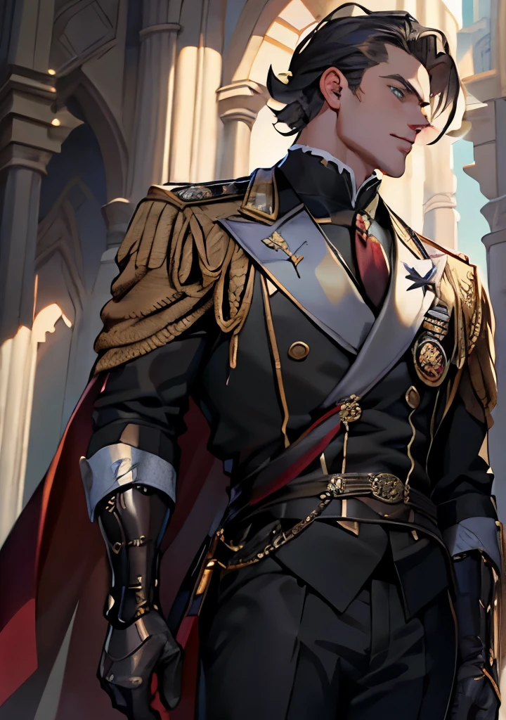Super detailed, high resolution, Super detaileded, best quality, Astonishing, Top quality, Extremely detailed CG unity 8k wallpaper, movie lighting, 18th century, Europe, 30 years old，man，depicted with deep blue eyes and dark, slicked-back hair, Medium-long, with appropriate length on the sides and back of the neck, tall and elegant figure radiating maturity and stability. Nicholas exudes the characteristic charm and grace of nobility, portrayed as serious and composed, dressed in formal attire, adorned with symbolic badges pinned to his chest, adding to his aristocratic appeal,