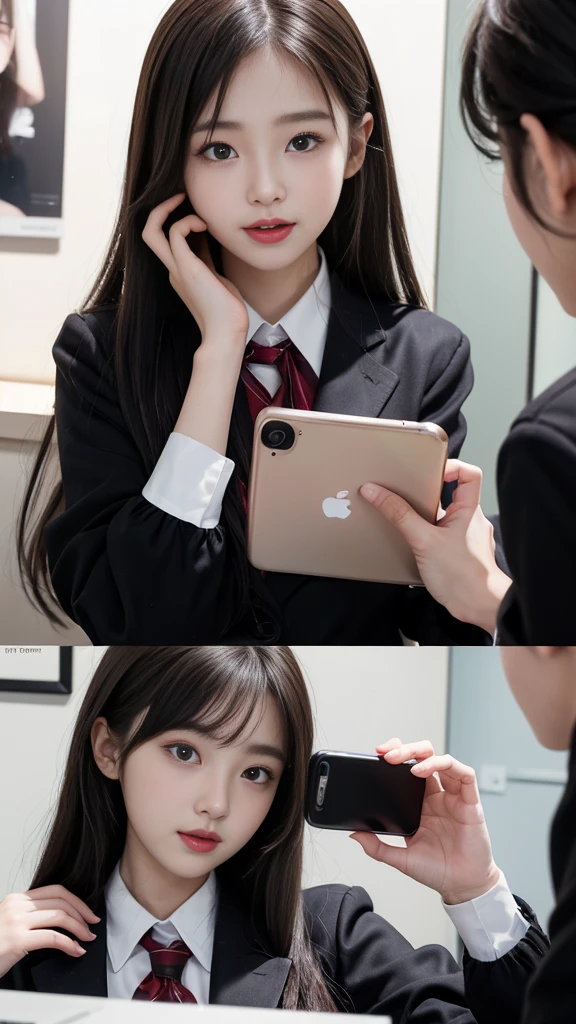 (high quality), (NSFW:1.2), Split screen vertically, 1 girl and 1 man are dating online by exchanging own photos and messages using a smartphone chatting app, 18 years old, korean, long distance relationship, The text is written in English., they weared korean high school uniforms, whole body, A woman focuses her eyes on the mobile phone screen and is happy, Upload your photos to an online community using a smartphone app, It's like a cartoon, with men going crazy over a woman's post online., They're sending a message to a girl asking to chat, You are amused by their reactions, light makeup, slim figure, (girl weared thin and natural pantyhose : 1.9), (girl weared slim high_school uniform_pencil skirt and blouse : 1.6),(a man weared high school uniform_shirts and pants:1.5), (they weared school uniform_blazer and tie), Separation of female and male cut scenes, The story flows like a cartoon.