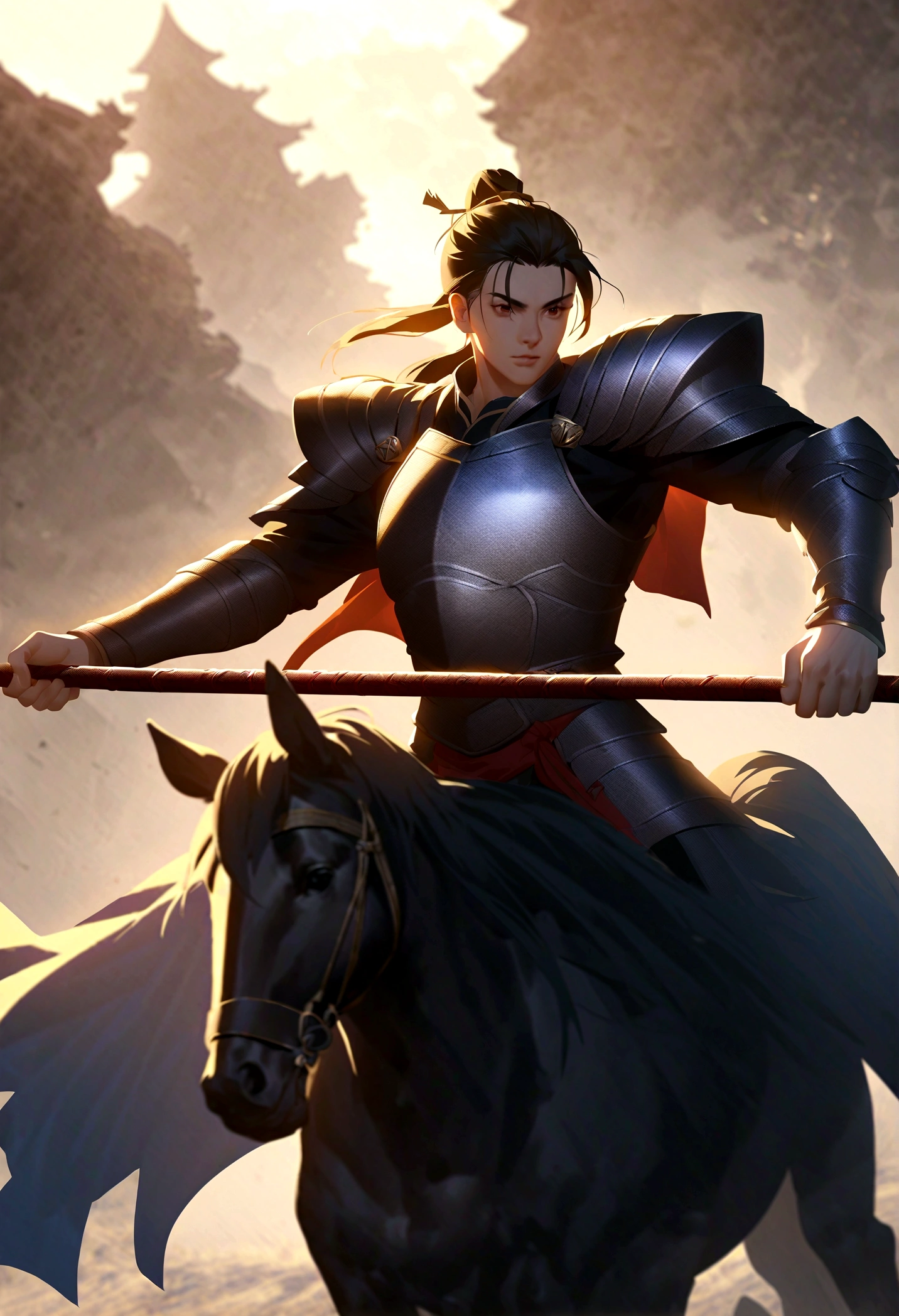 Three Kingdoms, Zhao Zilong, horse riding, wielding spears, Heroic and fearless, Wear armor, Behind it is the battlefield,