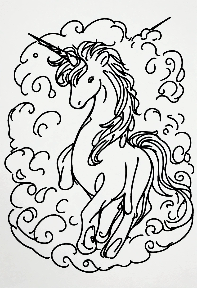 different unicorns surrounded by clouds, coloring page for kids, line art, no color, white background