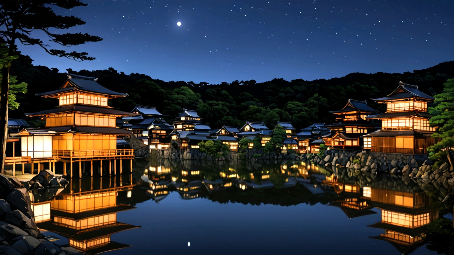 there are many small wooden buildings on the water at night, japan deeper travel exploration, kyoto inspired, japan at night, kyoto japan setting, japanese temples, japanese temple, japanese city at night, beautiful iwakura, japanese town, kyoto, inspired by Itō Jakuchū, in a japanese town at night, japanese heritage, serene evening atmosphere