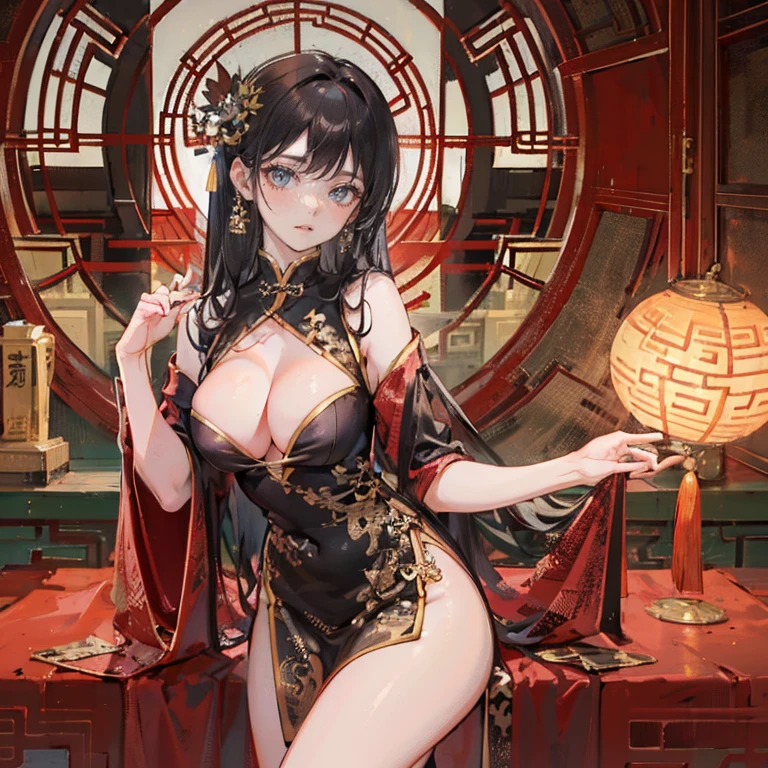 high resolution, mulher adulta , good lighting, despicable, , (sem nudez), (((Chinese Dress))), (()), ((())), (cinta-liga), just abdomen, (), , rosto fofo, EU'estou envergonhado e corado, humilhante, ((Turn around and look back)), ((Transparente))()(Costas em T)(a large amount is in the body,)