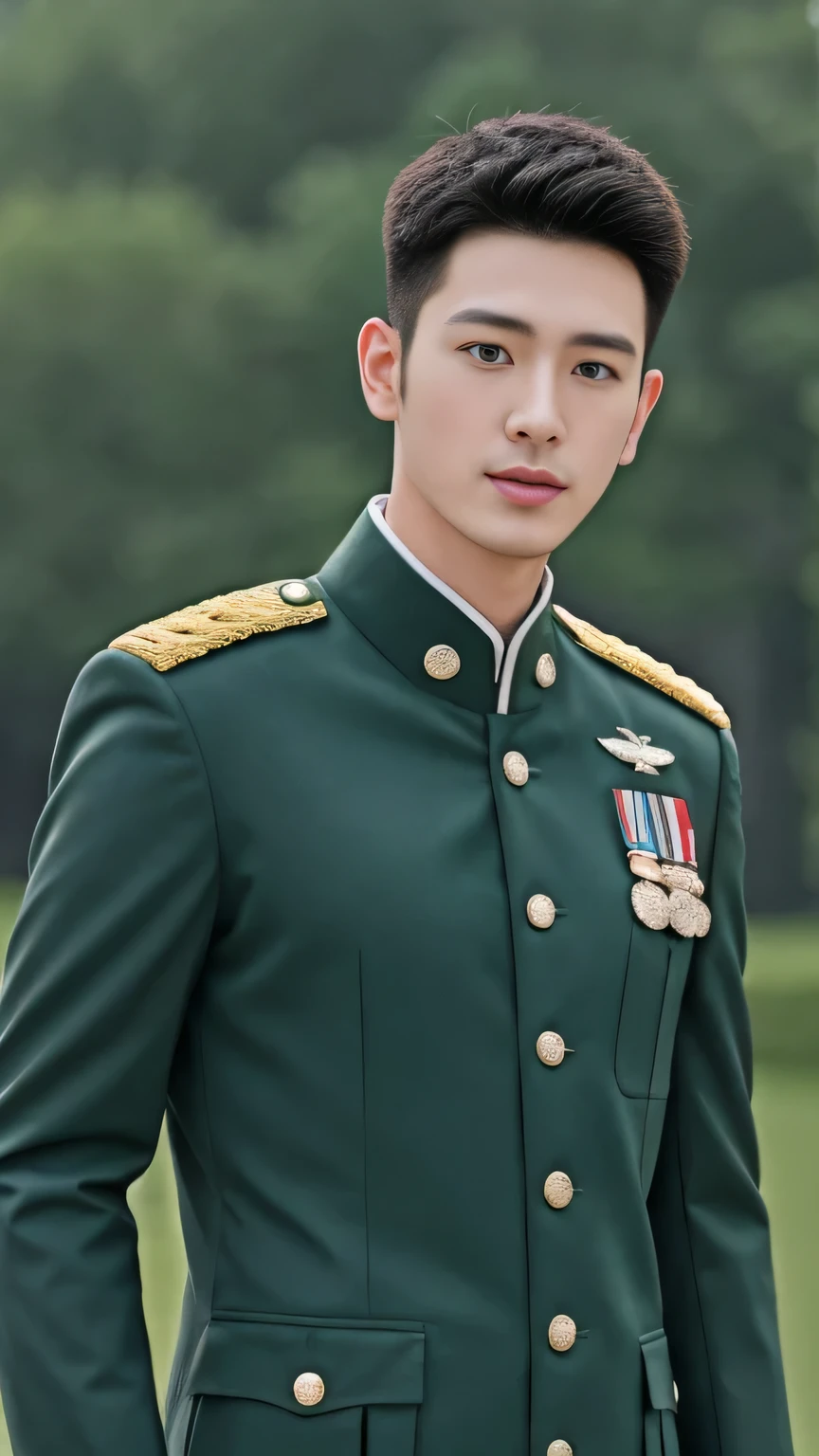 4k, (masterpiece), best of quality, 2d, arafed man in a posing for a picture, Wearing Uniform,, Embroidered uniform guard, Wearing military uniform, yanjun chengt, Dressed in full military green, officer, Unified background, Wearing a general\of,Upper body unobstructed photos,Green Clothing,