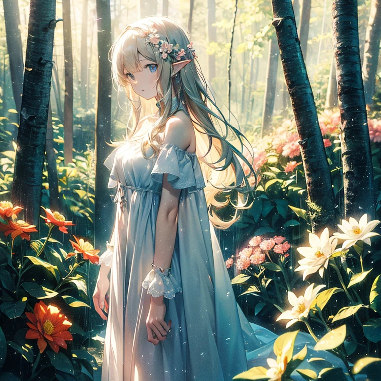 (8k), (masterpiece), (best quality), (super details), (award winning), (game illustration), (greeting face), lens flare, glowing light, woman in a noble dress standing in the woods with flower, modeling shoot, beautiful girl, elf girl, (beautiful face:0.8), slender blonde girl, pale skin curly blond hair, (off shoulder), (small breast), (rain in background)