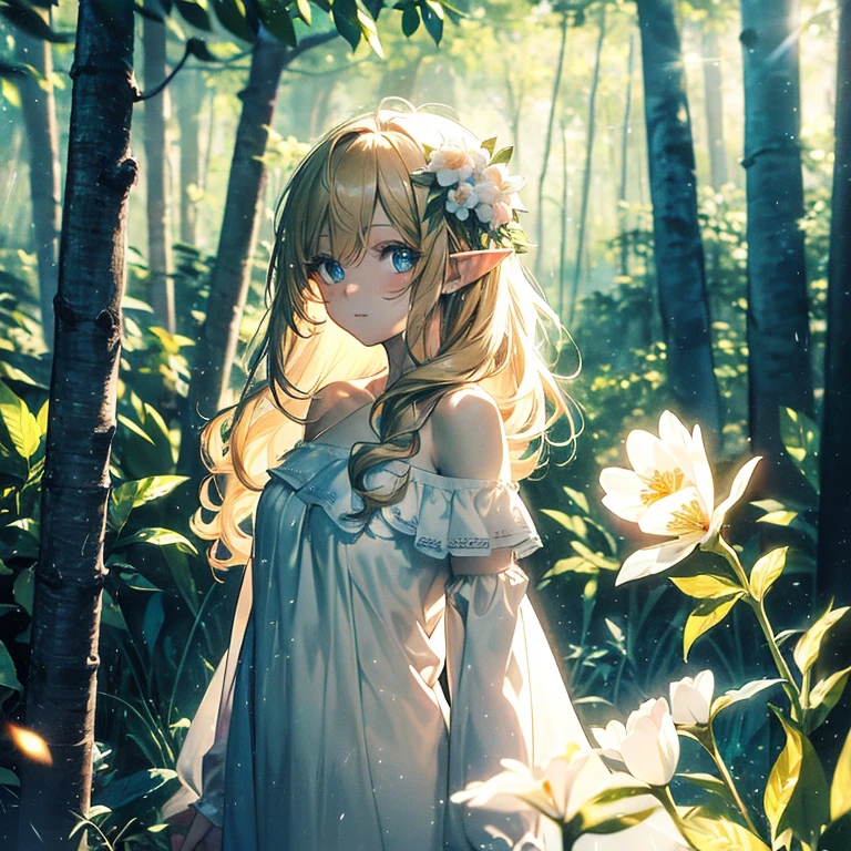 (8k), (masterpiece), (best quality), (super details), (award winning), (game illustration), (greeting face), lens flare, glowing light, woman in a noble dress standing in the woods with flower, modeling shoot, beautiful girl, elf girl, (beautiful face:0.8), slender blonde girl, pale skin curly blond hair, (off shoulder), (small breast), (rain in background)