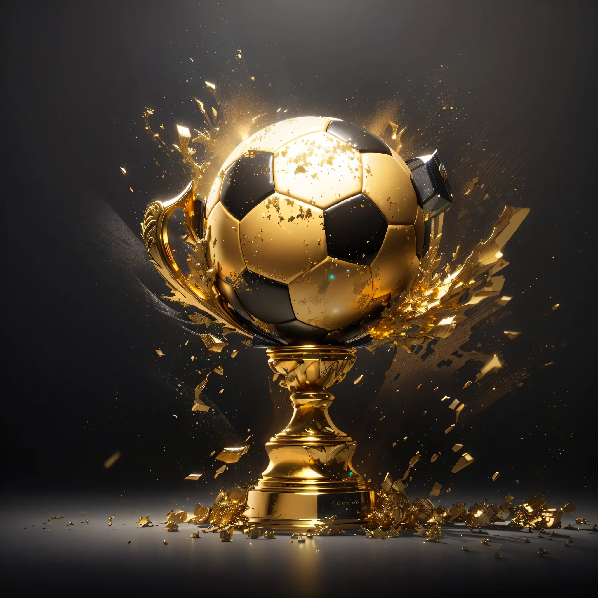 a close up of a soccer ball on a gold trophy, award winning. octane render, “ golden cup, best on adobe stock, gold, tournament, highly detailed. realistic award, highly rendered!!, the best ever, award - winning, award-winning, ((octane render)), shutterstock, by Elias Ravanetti, by Eugeniusz Zak