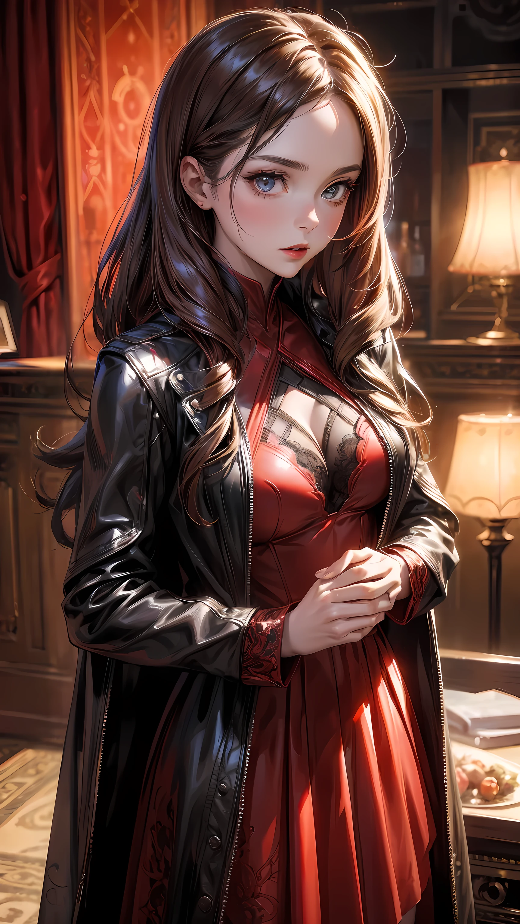 Extremely detailed photo of a woman, Lola Elizabeth, Scarlet Witch, the Avengers, Wearing a black lace dress, Open red leather jacket, 8K Ultra HD, original photography, Model photo