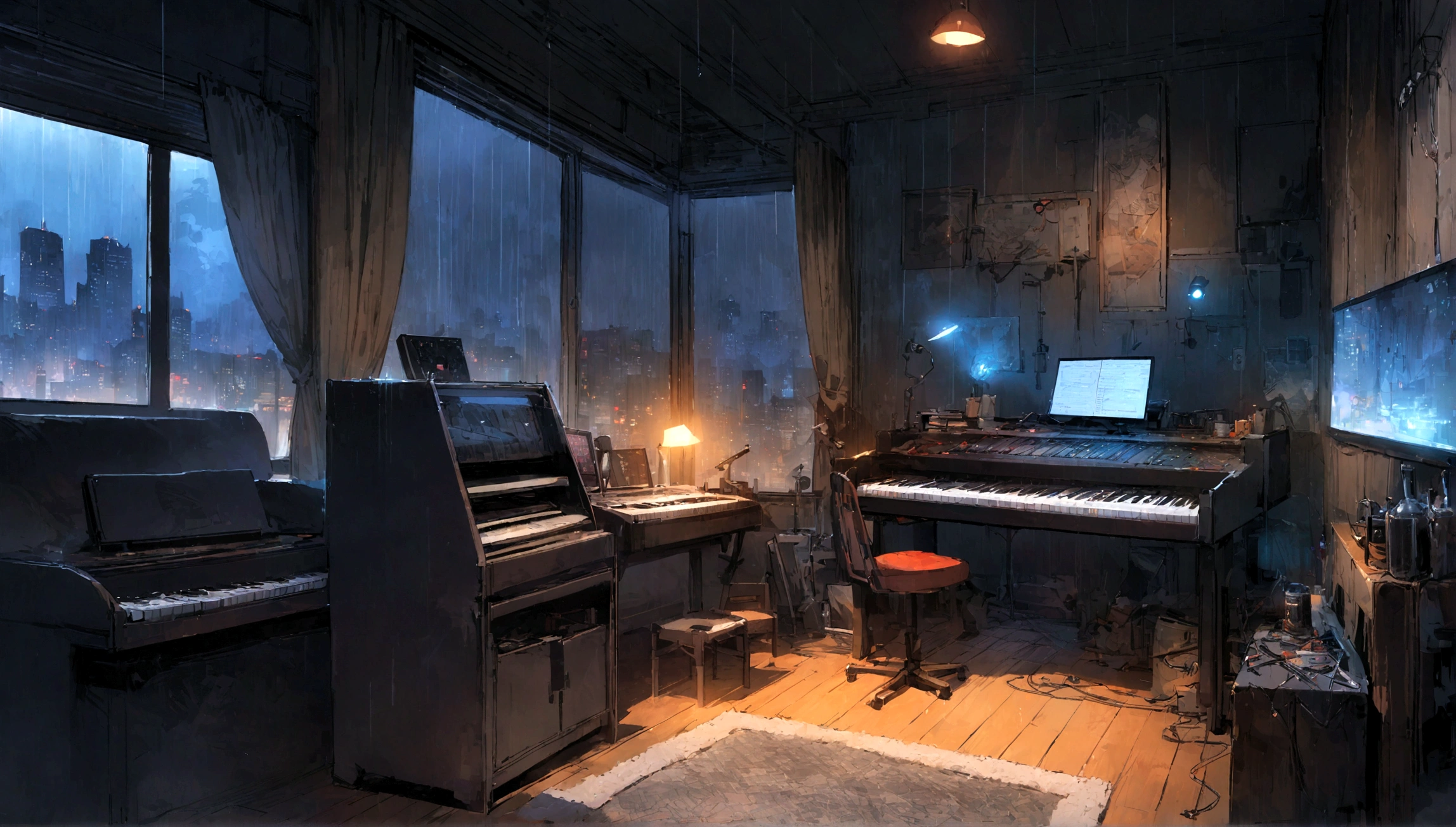 There is a music studio room with a desk, night, , keyboard, earphone, piano, Guitar,Small lights, background, sofa,, rain, Night Sky, Night City, Unmanned shutters, Concept Art, 室内background艺术, , rock style interior, high resolution, Super sharp, 8K, masterpiece
