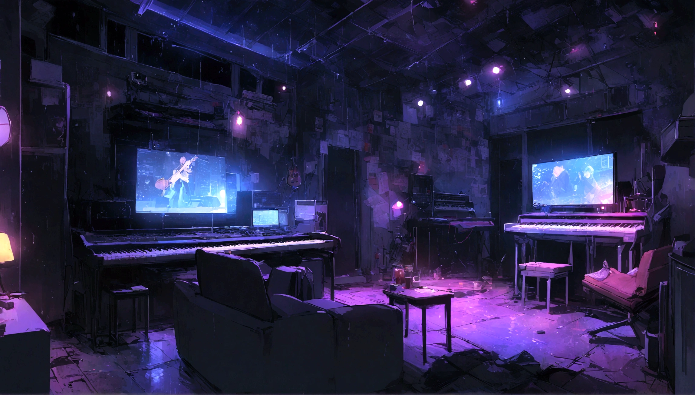 There is a music studio room with a desk, night, , keyboard, earphone, piano, Guitar,Small lights, background, sofa,, rain, Night Sky, Night City, Unmanned shutters, Concept Art, 室内background艺术, , rock style interior, high resolution, Super sharp, 8K, masterpiece