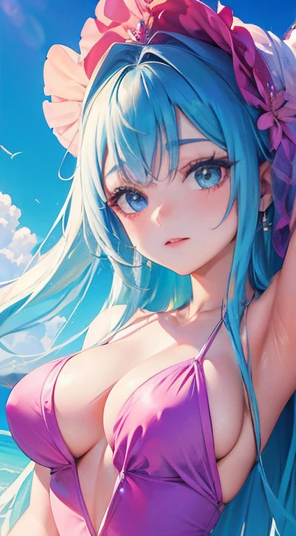 ((mesa, da mais alta qualidade, superdefinição, High definition)), Sozinho, garota linda, olhos brilhantes, olhos perfeitos, , Parede azul 、Plano de fundo com, in pink swimsuit