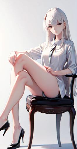 The original, (illustration: 1.1), (best quality), (masterpiece: 1.1), Slender legs, High heel, white hair, (Beautiful clear background: 1.25), (Very detailed CG Unity 8k wallpaper: 1.1), 1 girl, Straight bangs, Stunningly innocent symmetrical face, shirt, sentiment, Urzan, (Pure face_V1:0.7)