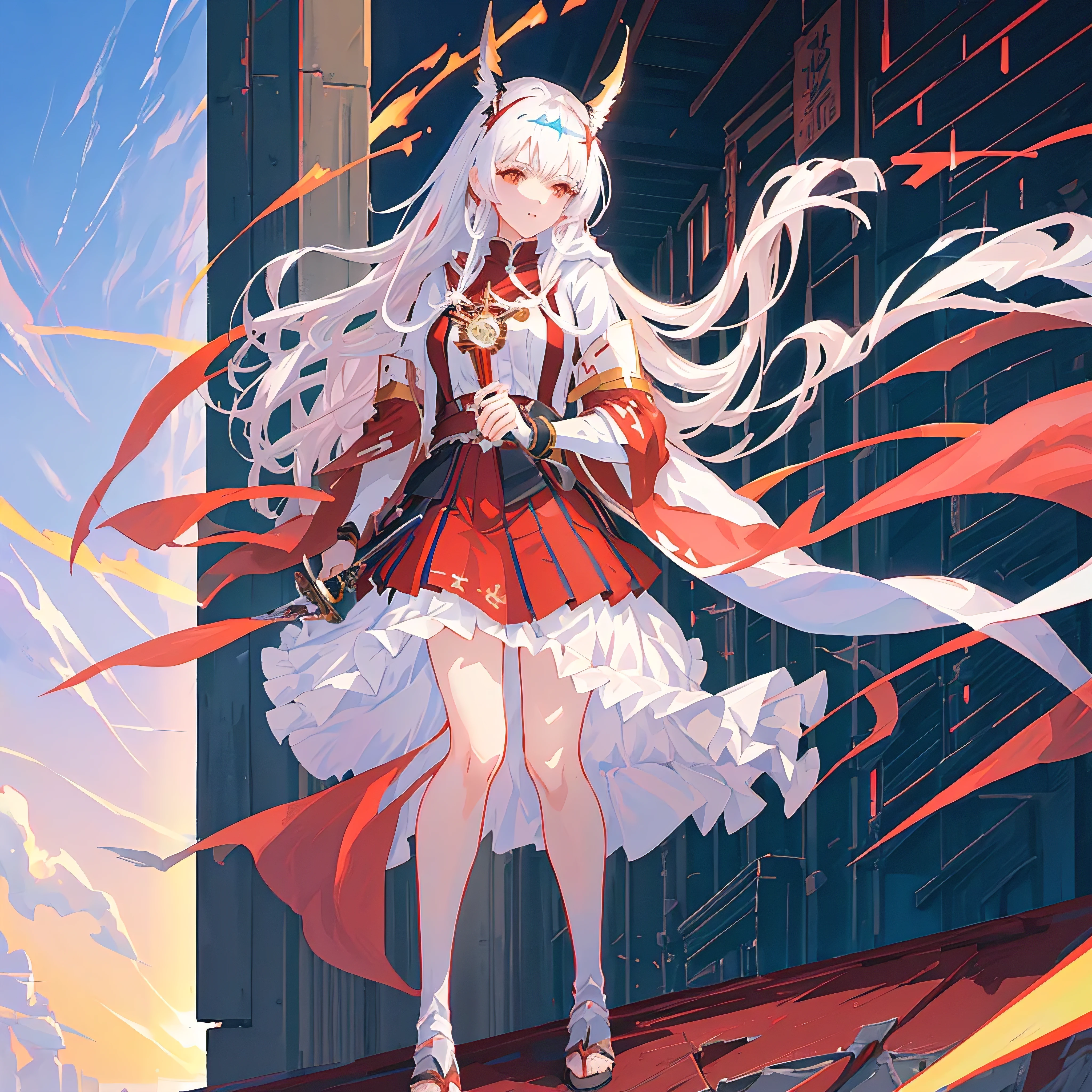 Anime girl with white hair and red cloak holding sword, cushart krentz key art feminine, Ayaka Genshin Impact, cushart krentz, From Arknights, Kushat Kents, Keqing from genshin impact, Official Artwork, Official Art, Ayaka Game Genshin Impact, Official Character Art, From the Azur Lane video game