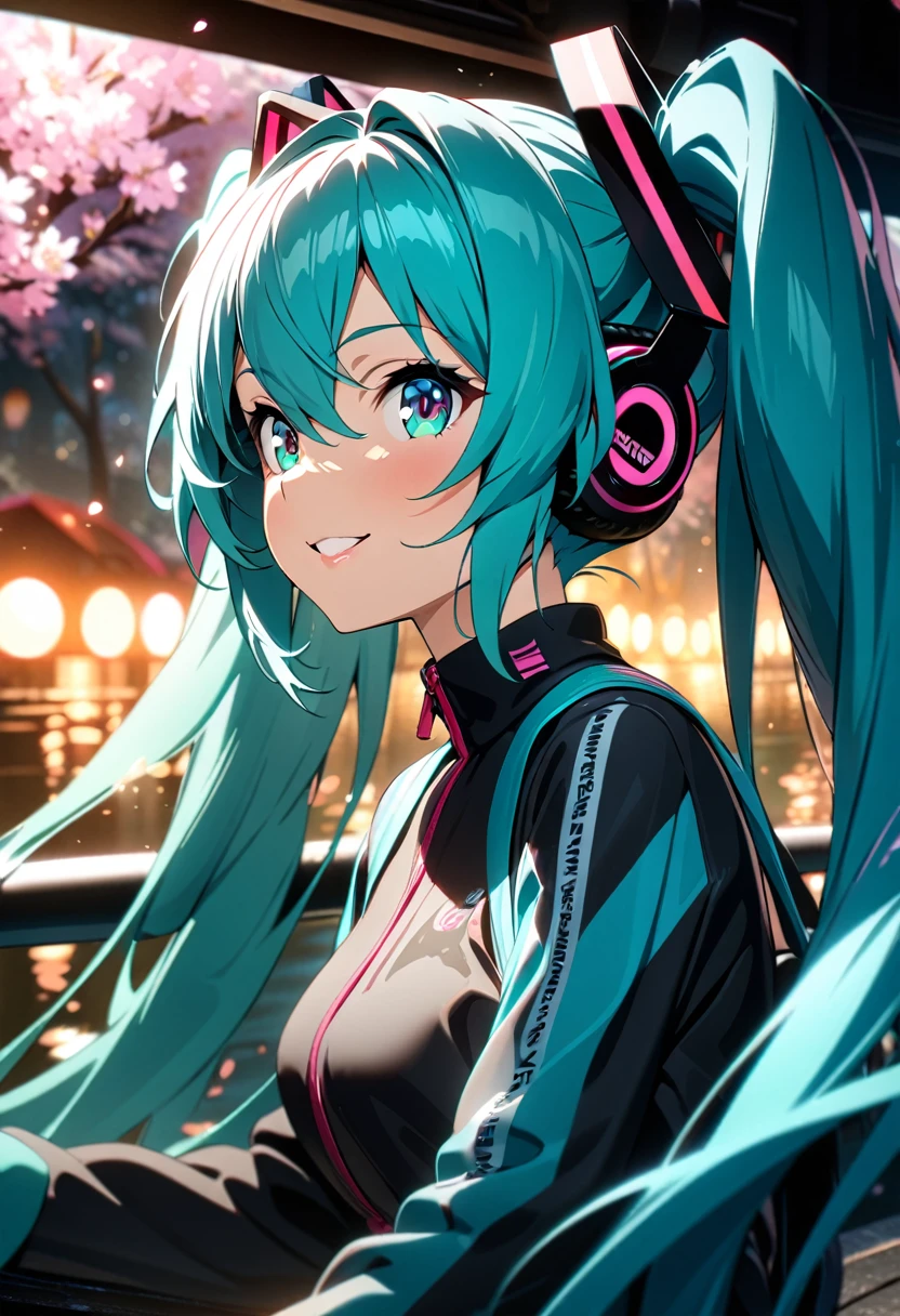 1girl, cute hatsune miku, beautiful detailed eyes, beautiful detailed lips, extremely detailed face and eyes, long eyelashes, cycling along river embankment, cherry blossom trees, smiling, (best quality,4k,8k,highres,masterpiece:1.2),ultra-detailed,HDR,UHD,studio lighting,ultra-fine painting,sharp focus,physically-based rendering,extreme detail description,professional,vivid colors,bokeh,anime,sakura,colorful,dramatic lighting