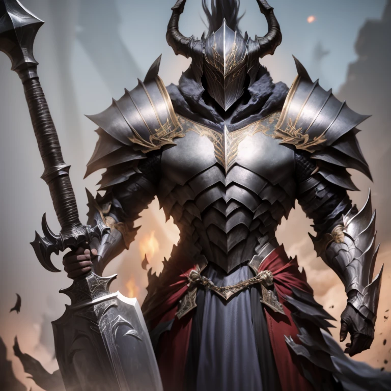 a male dragon knight wearing a dark gray armor, holding a great axe