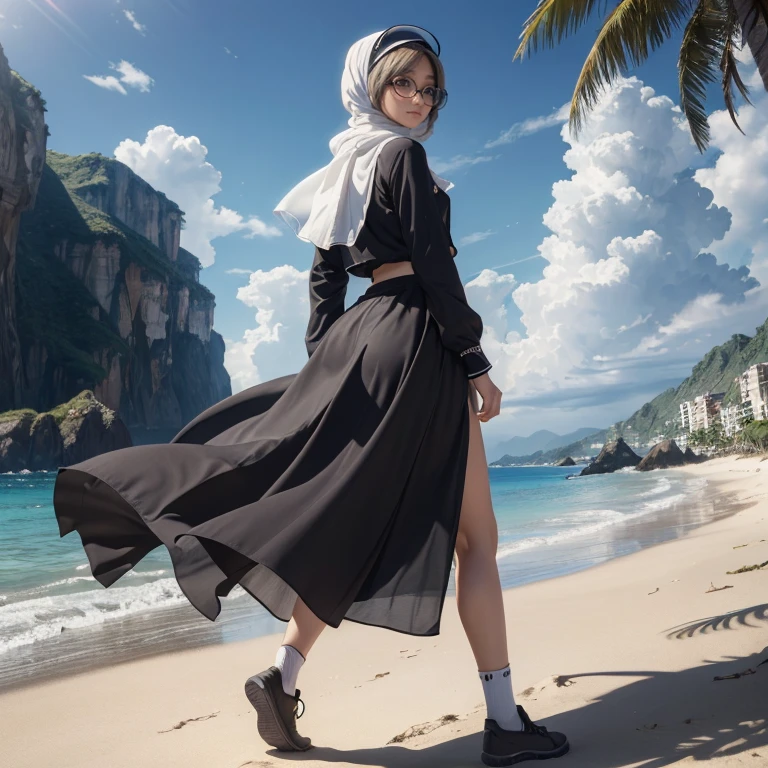 ((masterpiece)), ((best quality)), ((highres)), ((extremely detailed CG unity 8k wallpaper)), solo, hijab, glasses, tachibana kanade, tan , black skirt, white socks, outdoors, face, curtained hair, beach, parted hair, silver hair