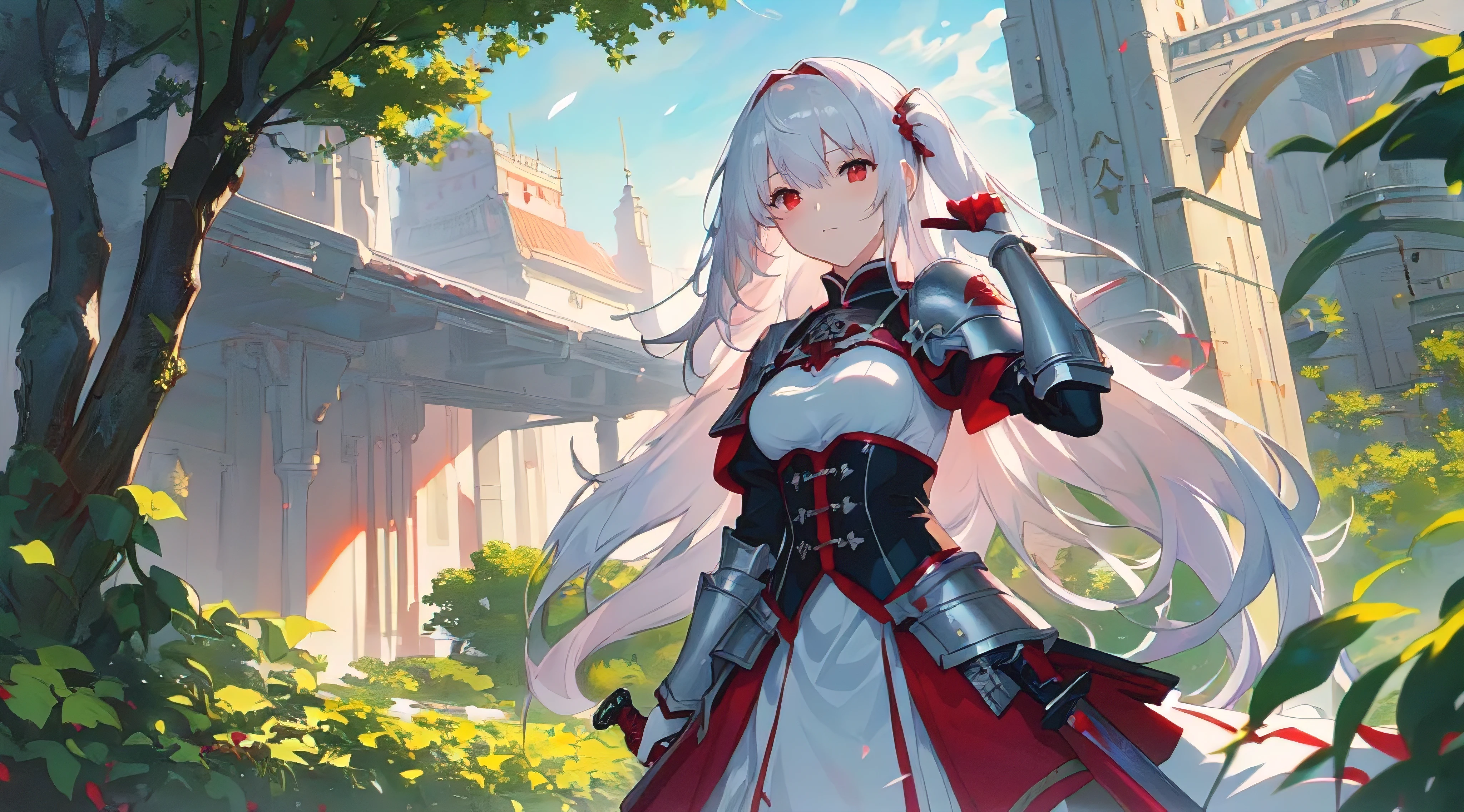 Wearing a red and white dress、anime girl holding sword, kushatkrentz women in critical art, Highly detailed official artwork, Epic Light Novel Cover Art, epic Light novel cover art, Silver and red armor, guweiz on pixiv artstation, Anime style 4K, Detailed key animation art, Light novel cover art, Anime Fantasy Artwork，White hair and red eyes，Side Ponytail，Waist-length hair