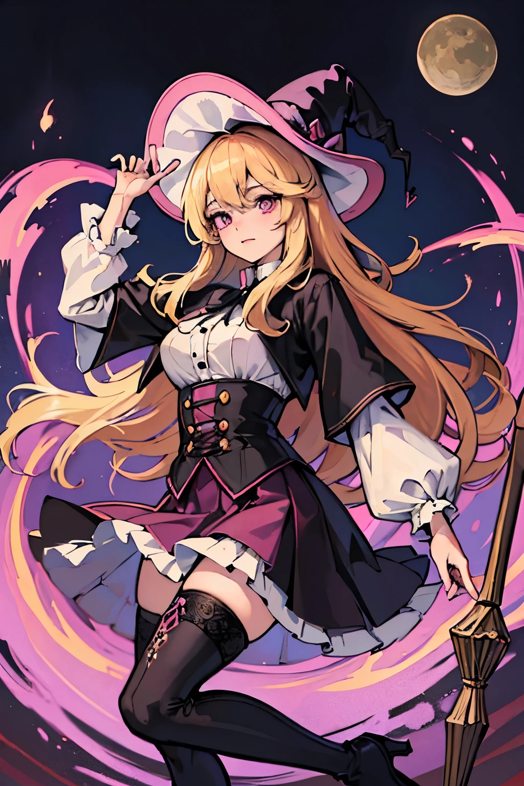 ((highly detailed)), masterpiece, absurdres, (detailed eyes, deep eyes), (1girl), 8K, anime girl with long blonde fluffy hair, pink eyes, witch, magician, sorcerer, black outfit, skirt, puffy shirt, big witch hat, purple stockings, black boots, heels