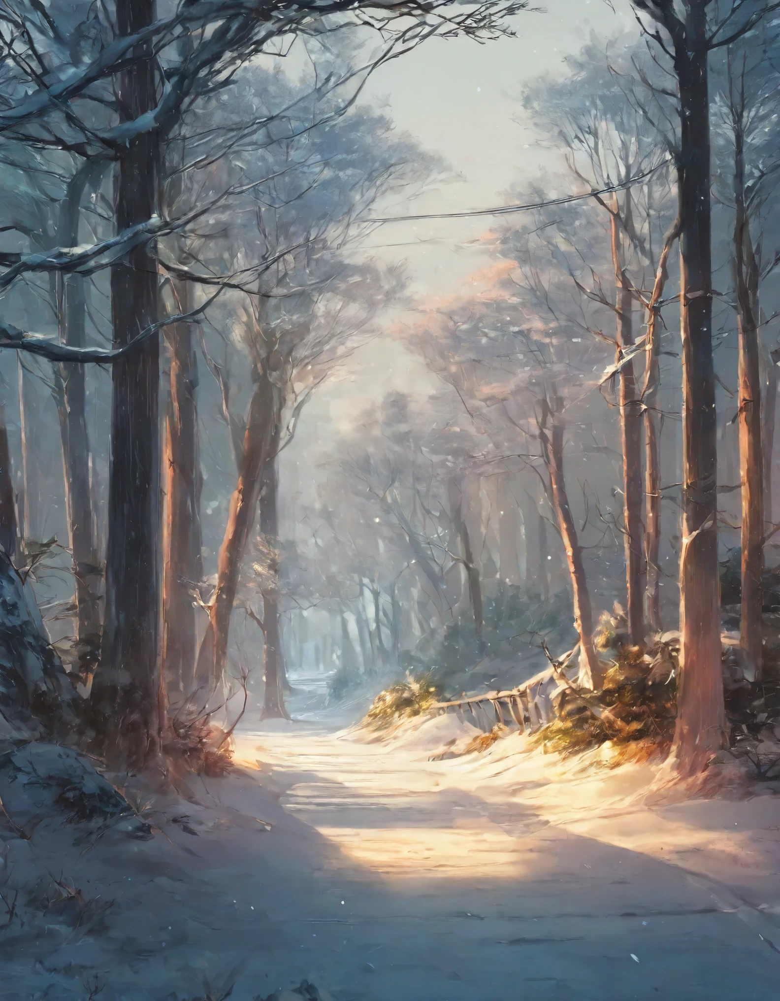 a snowy path in the woods, snowy. by makoto shinkai, ross tran. scenic background, beautiful anime scene, by sylvain sarrailh, winter concept art, beautiful anime scenery, beautiful concept art, anime nature, anime nature wallpap, snow forest, environment art, cold colors. insanely detailed