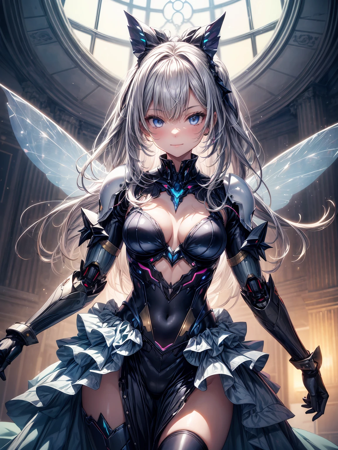 (1 girl: 1.0),
(18-year-old:1.0), (Medium chest:1.2), (Silver Braid: 1.0), (Beautiful photorealistic face:1.1), (Clear blue little eyes: 1.0), (Cybernetic female robot:1.0), (Mecha Suit:1.0), (White Gothic Breastplate:1.0), (Doll joints:1.0), (Classic ivy-colored tutu with gorgeous ruffles: 1.1), (Gold decorative embroidery: 1.0), (Rainbow-colored holographic fairywings: 1.1), (A kind smile, Happy:1.0),
She stands in arabesque pose in front of a large glass window。.
highest quality, masterpiece, (Photorealistic Style:1.2