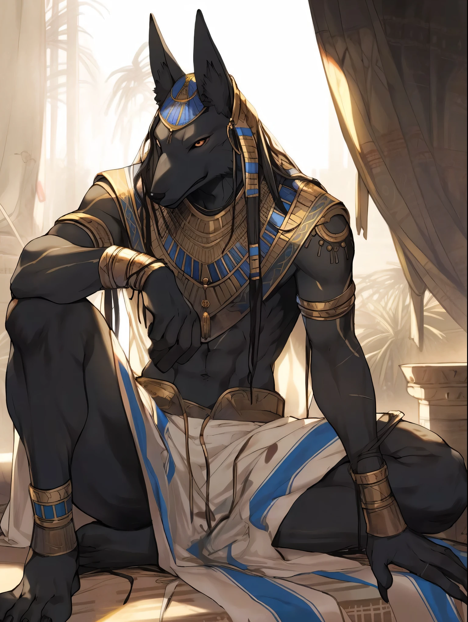 Toned fit panther, rubber, male but femenine, girly face, Egyptian, shiny smooth skin, gold painted, Bastet, loincloth, long dreadlocks, sfw, red mist, e621 style, safe anatomy, 