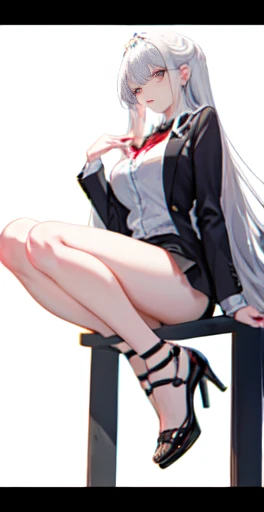 The original, (illustration: 1.1), (best quality), (masterpiece: 1.1), Slender legs, High heel, white hair, (Beautiful clear background: 1.25), (Very detailed CG Unity 8k wallpaper: 1.1), 1 girl, Straight bangs, Stunningly innocent symmetrical face, shirt, sentiment, Urzan, (Pure face_V1:0.7)