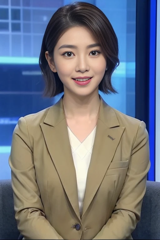 The highest image quality、超A high resolution、1 korean girl in、beautiful countenance、Shorthair、Announcer in a tight suit with long sleeves、Sitting in the studio、news caster