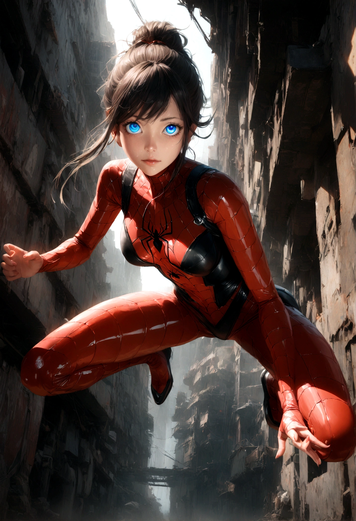 (1girl:1.3), solo, (((extremely detailed face))),(((extremely detailed eyes and face))),beautiful detailed eyes,body-parts__, official art, unified 8k wallpaper, super detailed, beautiful and aesthetic, beautiful, masterpiece, best quality, raw, masterpiece, super fine photo, best quality, super high resolution, photorealistic realism, sunlight, full body portrait, amazing beauty,, dynamic pose, delicate face, vibrant eyes, (from the front), she is wearing a Spider-man suit, red and black color scheme, spider, very detailed abandoned warehouse background, Detailed face, detailed complex busy background, messy, gorgeous, milky white, highly detailed skin, realistic skin details, visible pores, sharp focus, volumetric fog, 8k uhd, DSLR, high quality, film grain, fair skin, photo realism, lomography, huge metropolis in future dystopia, seen from below, translucent
