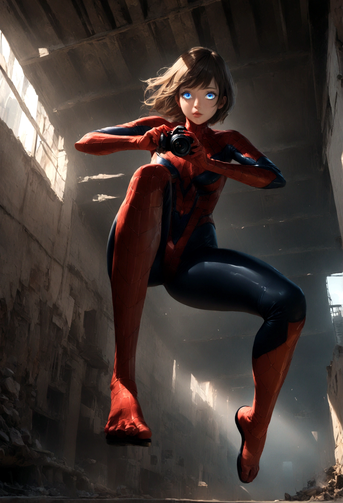 (1girl:1.3), solo, (((extremely detailed face))),(((extremely detailed eyes and face))),beautiful detailed eyes,body-parts__, official art, unified 8k wallpaper, super detailed, beautiful and aesthetic, beautiful, masterpiece, best quality, raw, masterpiece, super fine photo, best quality, super high resolution, photorealistic realism, sunlight, full body portrait, amazing beauty,, dynamic pose, delicate face, vibrant eyes, (from the front), she is wearing a Spider-man suit, red and black color scheme, spider, very detailed abandoned warehouse background, Detailed face, detailed complex busy background, messy, gorgeous, milky white, highly detailed skin, realistic skin details, visible pores, sharp focus, volumetric fog, 8k uhd, DSLR, high quality, film grain, fair skin, photo realism, lomography, huge metropolis in future dystopia, seen from below, translucent