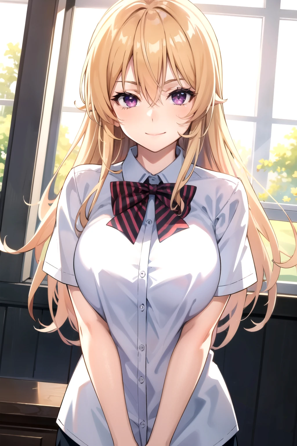 tall body, tall, long legs, mature female, mature, adult, Erina_Prodigy, 1girl, solo, purple eyes, long hair, smile, looking at viewer, , blonde hair, bow, shirt, upper body, white shirt, striped, striped bow, bowtie, breasts, hair between eyes, short sleeves, closed mouth, large breasts, collared shirt, bangs, red bow, striped bowtie