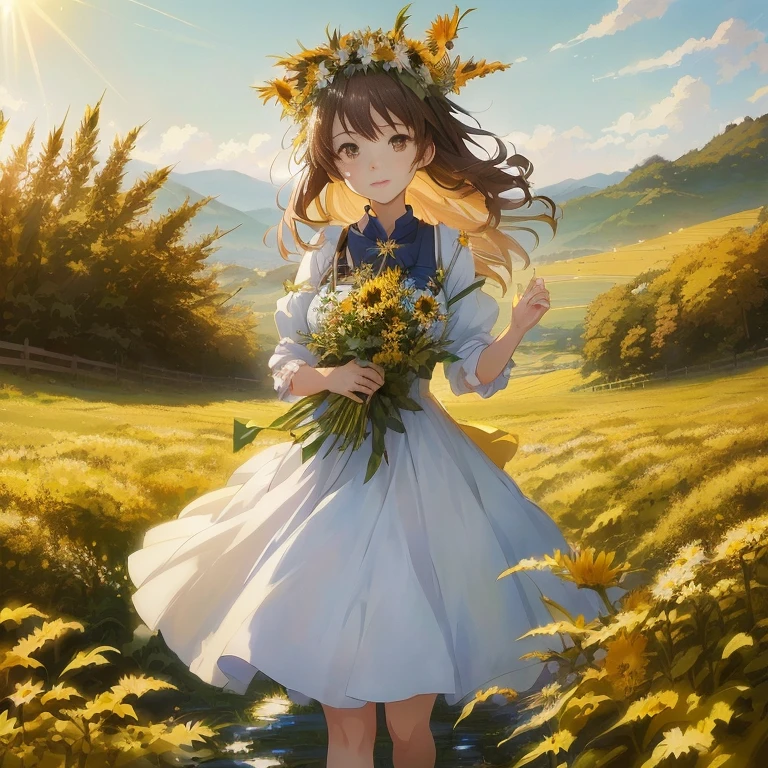 anime girl in a field with flowers and a sun, official art, anime visual of a cute girl, makoto shinkai. digital render, rin, makoto shinkai art style, kyoto animation key visual, official artwork, beautiful sunflower anime girl, guweiz on pixiv artstation, official anime artwork, in field high resolution