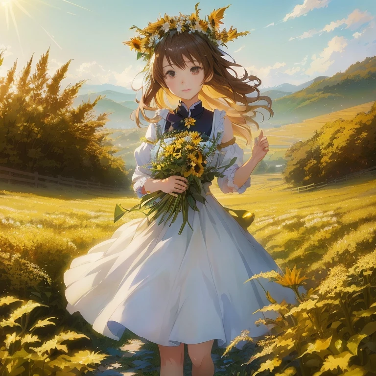 anime girl in a field with flowers and a sun, official art, anime visual of a cute girl, makoto shinkai. digital render, rin, makoto shinkai art style, kyoto animation key visual, official artwork, beautiful sunflower anime girl, guweiz on pixiv artstation, official anime artwork, in field high resolution