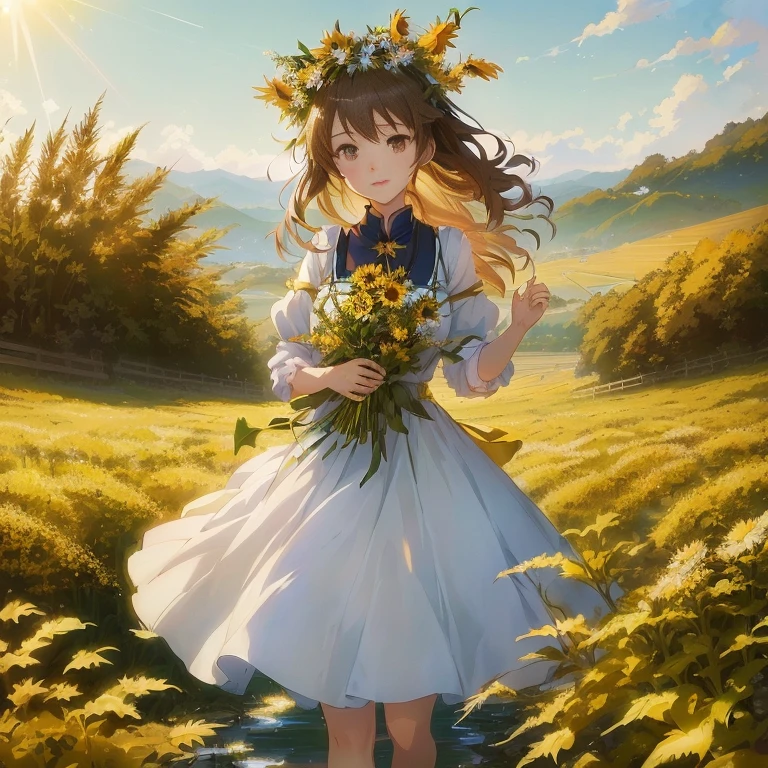 anime girl in a field with flowers and a sun, official art, anime visual of a cute girl, makoto shinkai. digital render, rin, makoto shinkai art style, kyoto animation key visual, official artwork, beautiful sunflower anime girl, guweiz on pixiv artstation, official anime artwork, in field high resolution