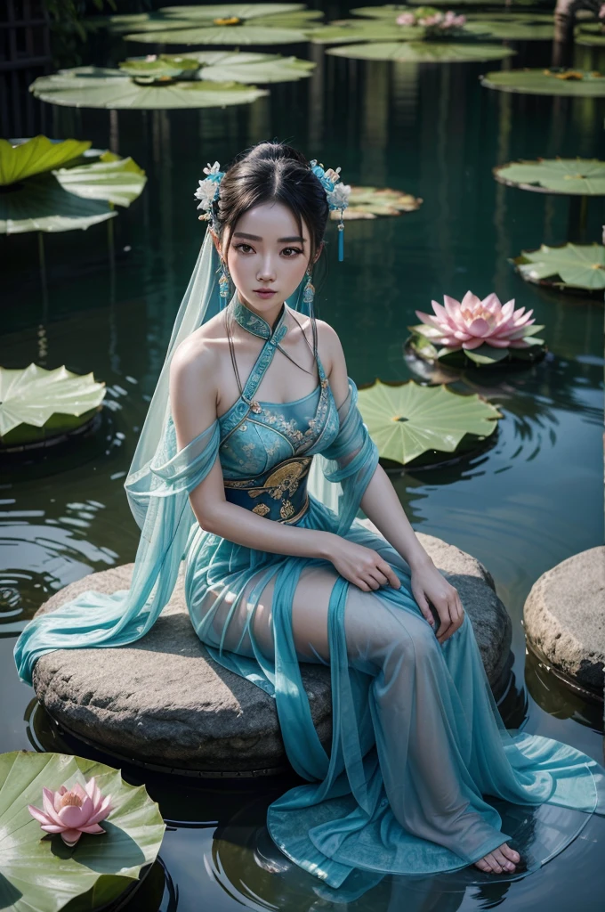 Ancient Chinese Beauty Sitting on Stone, Wearing Ancient Chinese Costume, Flowing Blue Tulle, Light Silk, Lazy Pose, Big Lotus Leaves, Lotus Flowers, Ink Painting Style, Clean Colors, Decisive Cut, Blank Space, Freehand, Artwork, Super Detailed, Epic Composition, High Quality, Highest Quality, 4k