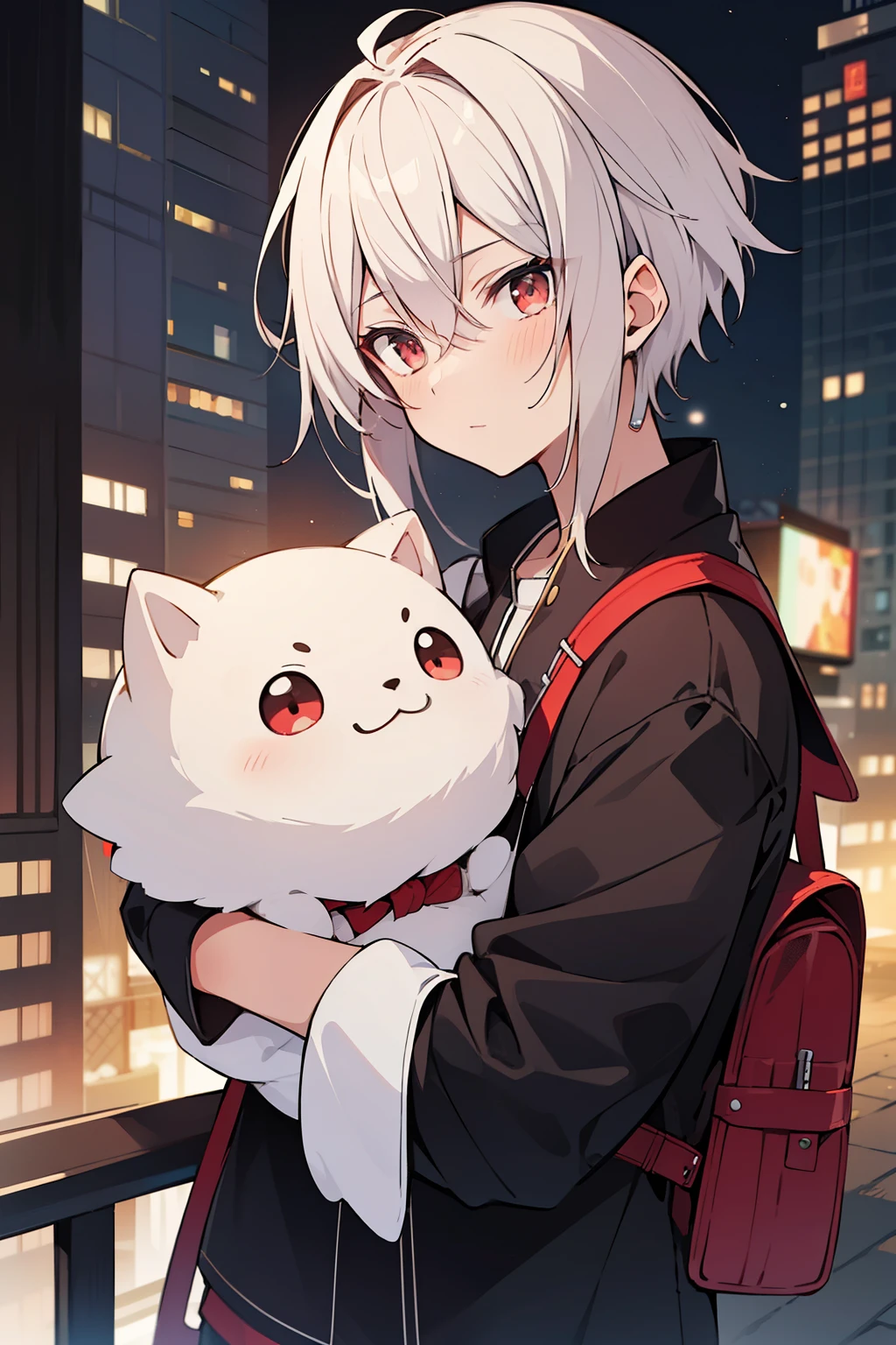 (high-quality, breathtaking),(expressive eyes, perfect face), 1boy, male, solo, short, young boy, short white hair, red eyes, black gakuran, night, in the city, pajamas, 