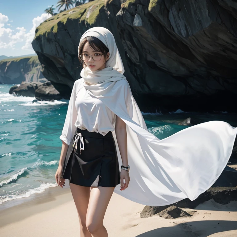 ((masterpiece)), ((best quality)), ((highres)), ((extremely detailed CG unity 8k wallpaper)), solo, hijab, glasses, tachibana kanade, tan , black skirt, white socks, outdoors, face, curtained hair, beach, parted hair, silver hair