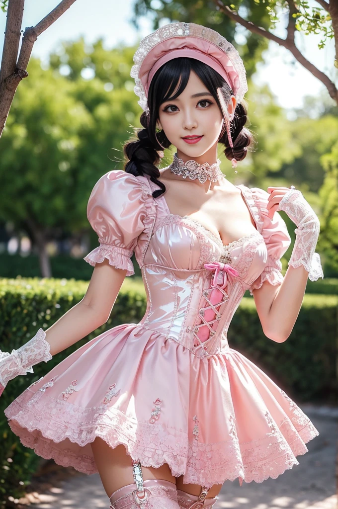 (nsfw), sexy stylish Swedish model, only 1 female, ((doll-like appearance)), short neon pink stylish hair, ((shiny Victorian-Style boots)), (big smile), ultra detailed eyes, vivid eye makeup, lipgloss, long lashes, defined eyebrows, ((sexy Paradise Kiss cosplay)), bell-shaped skirt, petticoats, high neckline, puffed sleeves, ((ultra detailed lace)), ((ultra detailed embroidery)), intricate details, Paradise Kiss accessoires and matching headpiece, choker, ((large sparkling Paradise Kiss jewelry)), cinematic light, detailed large park background with trees