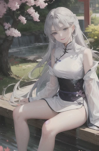 masterpiece, Excellent, daytime, outdoor, Falling Flowers, Branches, China人, China, 1 girl, Perfect Woman, Woman with long silver hair, Gray blue eyes, Light pink lips, cold, Serious, Prosperity, Purple Eyes, White clothes, black clothing series, Delicate face, Delicate face, Sitting Legs, Smile