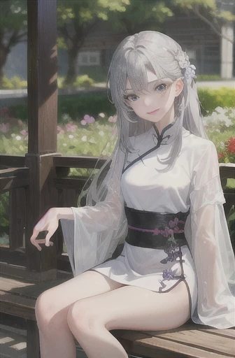 masterpiece, Excellent, daytime, outdoor, Falling Flowers, Branches, China人, China, 1 girl, Perfect Woman, Woman with long silver hair, Gray blue eyes, Light pink lips,  Serious, ,Purple Eyes, White clothes, , Delicate face, Delicate face, Sitting Legs, Smile