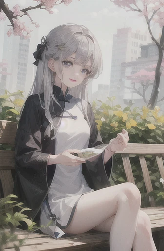 masterpiece, Excellent, daytime, outdoor, Falling Flowers, Branches, China人, China, 1 girl, Perfect Woman, Woman with long silver hair, Gray blue eyes, Light pink lips, cold, Serious, Prosperity, Purple Eyes, White clothes, black clothing series, Delicate face, Delicate face, Sitting Legs, Smile