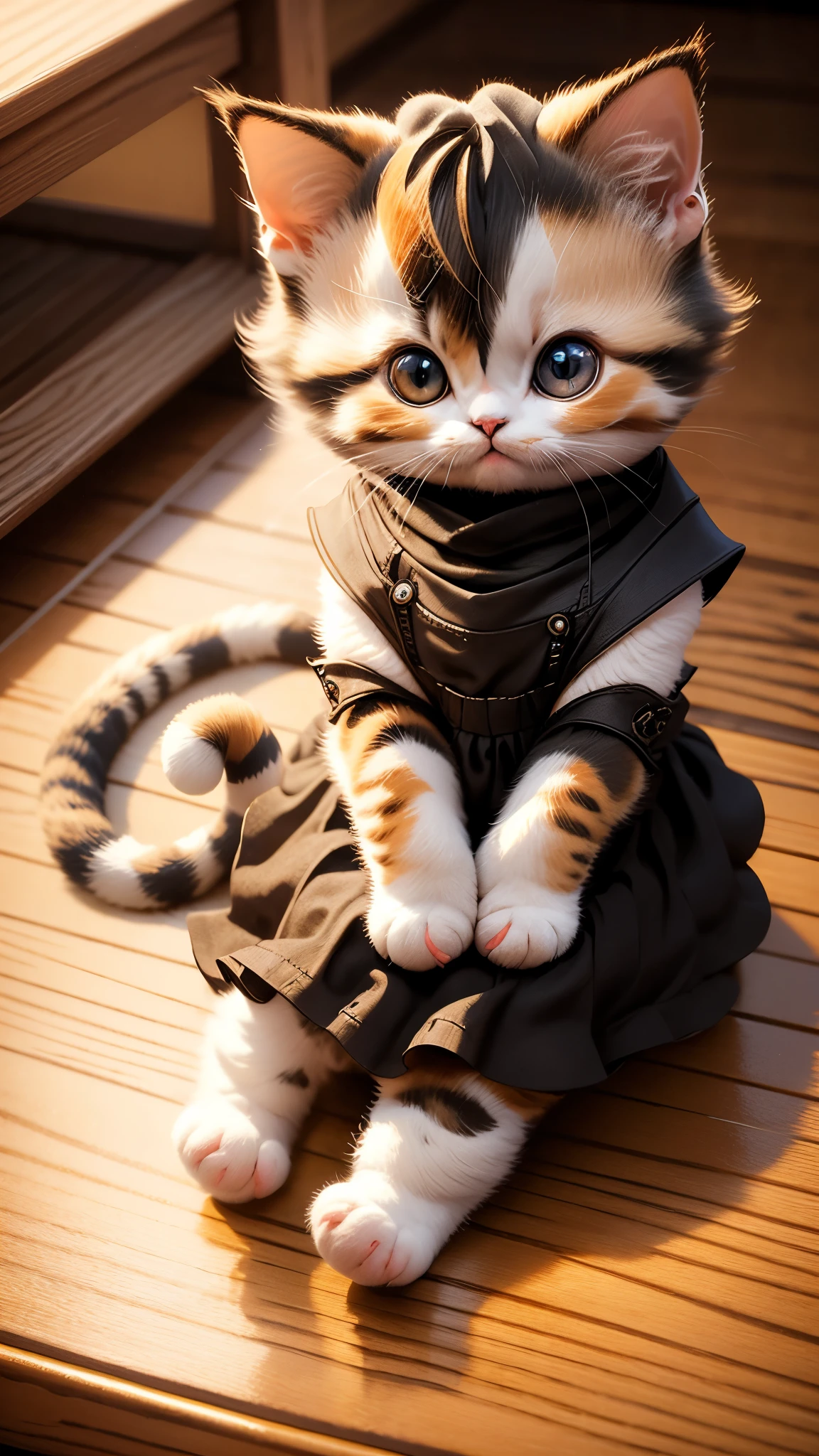 ​masterpiece、top-quality、ultra-detailliert、(Chibi Chara Calico Cat:1.27),(open leg:1.3),Chibi Living,sitting down on the floor